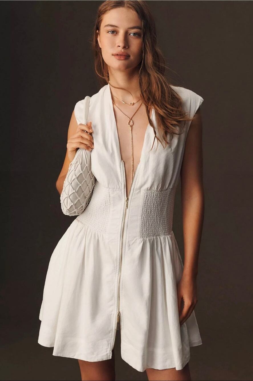 Maeve The Tommie Front-Zip Shirt Dress: Linen Mini Edition. Size XL. Ret $158
